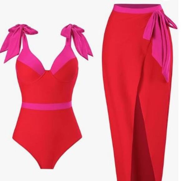 IBTOM CASTLE Brand Women's XL Red & Pink Colorblock Swimsuit & Sarong Set NWOT - Picture 1 of 6